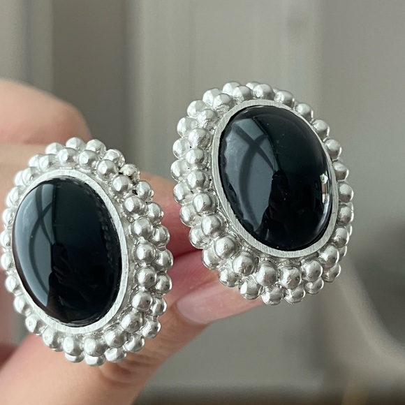 Vintage YSL Saint Laurent Oval Black Glass Cabochon Dot Silver Clip-On Earrings